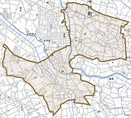 大字若とその周辺の地図。町の範囲を重ねている