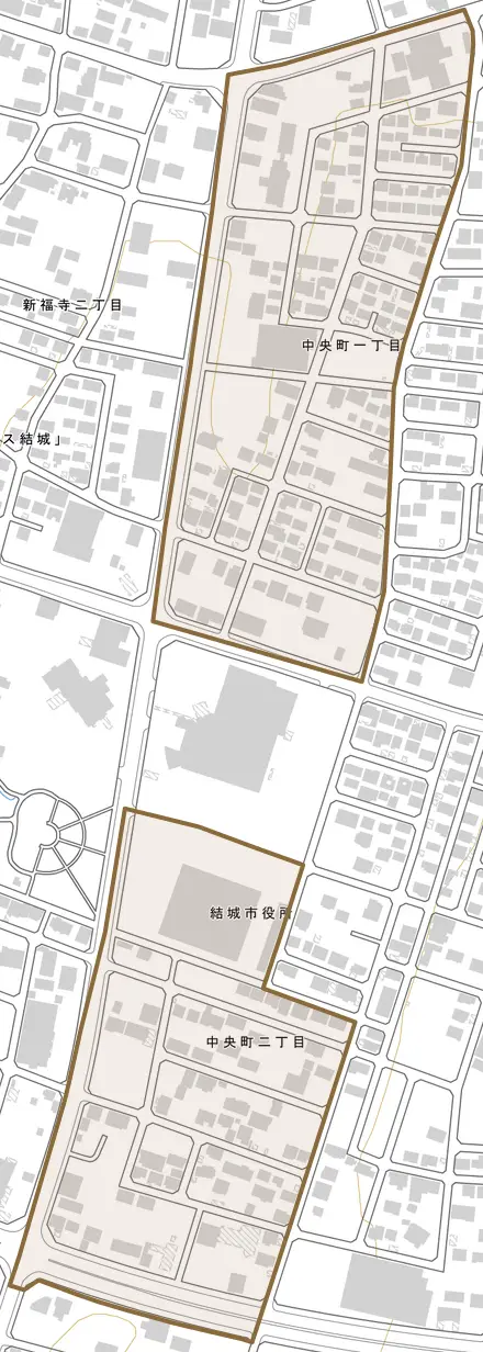 中央町とその周辺の地図。町の範囲を重ねている
