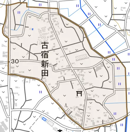 大字古宿新田とその周辺の地図。町の範囲を重ねている