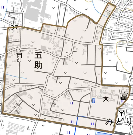 大字五助とその周辺の地図。町の範囲を重ねている