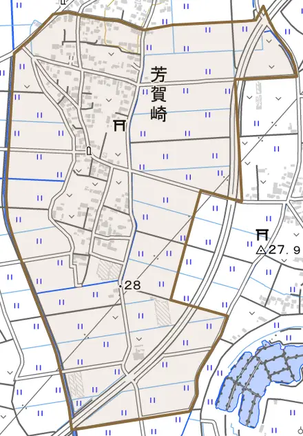 大字芳賀崎とその周辺の地図。町の範囲を重ねている