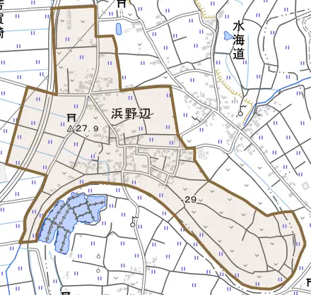 大字浜野辺とその周辺の地図。町の範囲を重ねている