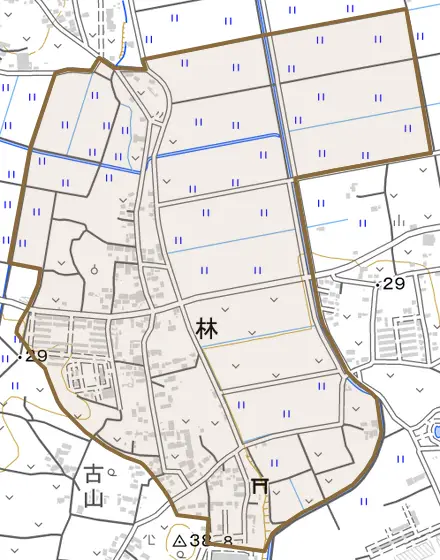 大字林とその周辺の地図。町の範囲を重ねている