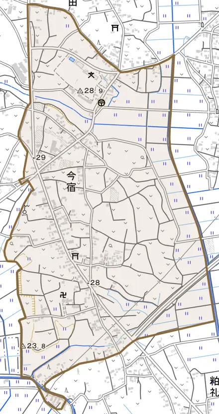 大字今宿とその周辺の地図。町の範囲を重ねている