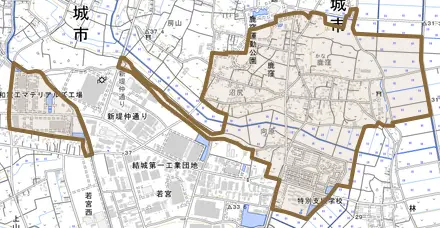 大字鹿窪とその周辺の地図。町の範囲を重ねている