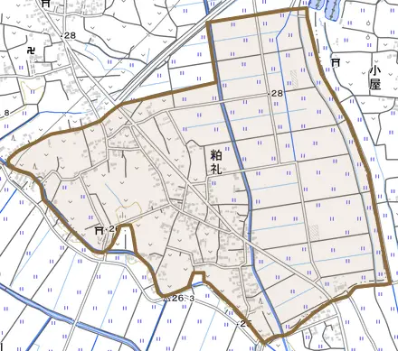 大字粕礼とその周辺の地図。町の範囲を重ねている