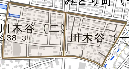 川木谷とその周辺の地図。町の範囲を重ねている