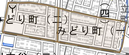 みどり町とその周辺の地図。町の範囲を重ねている