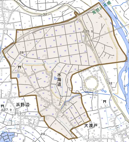 大字水海道とその周辺の地図。町の範囲を重ねている