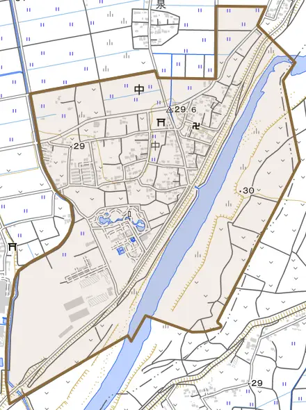 大字中とその周辺の地図。町の範囲を重ねている