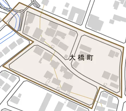 大橋町とその周辺の地図。町の範囲を重ねている