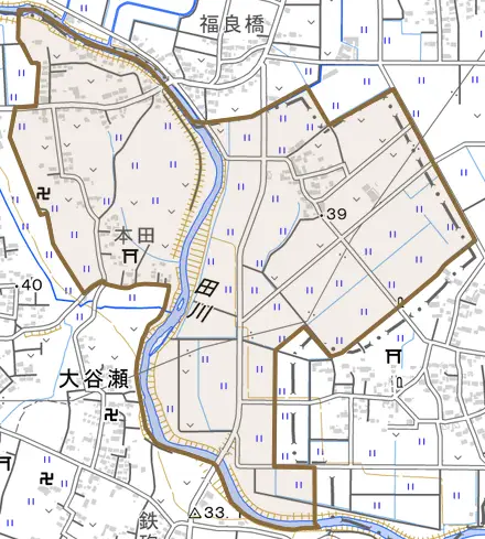大字大谷瀬とその周辺の地図。町の範囲を重ねている