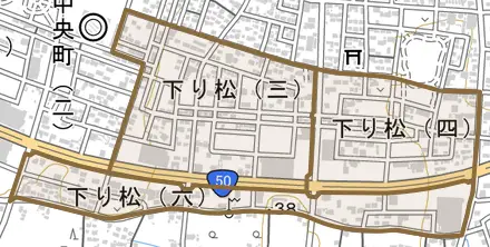 下り松とその周辺の地図。町の範囲を重ねている