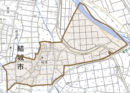 大字山王とその周辺の地図。町の範囲を重ねている