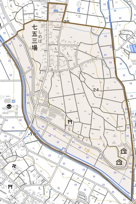 大字七五三場とその周辺の地図。町の範囲を重ねている