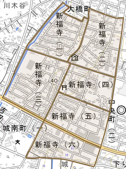 新福寺とその周辺の地図。町の範囲を重ねている