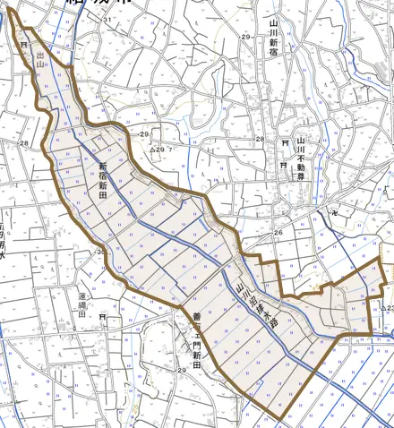 大字新宿新田とその周辺の地図。町の範囲を重ねている