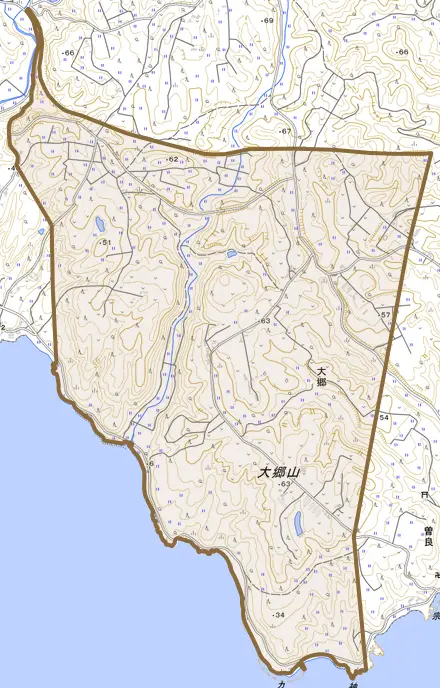 字大郷とその周辺の地図。町の範囲を重ねている