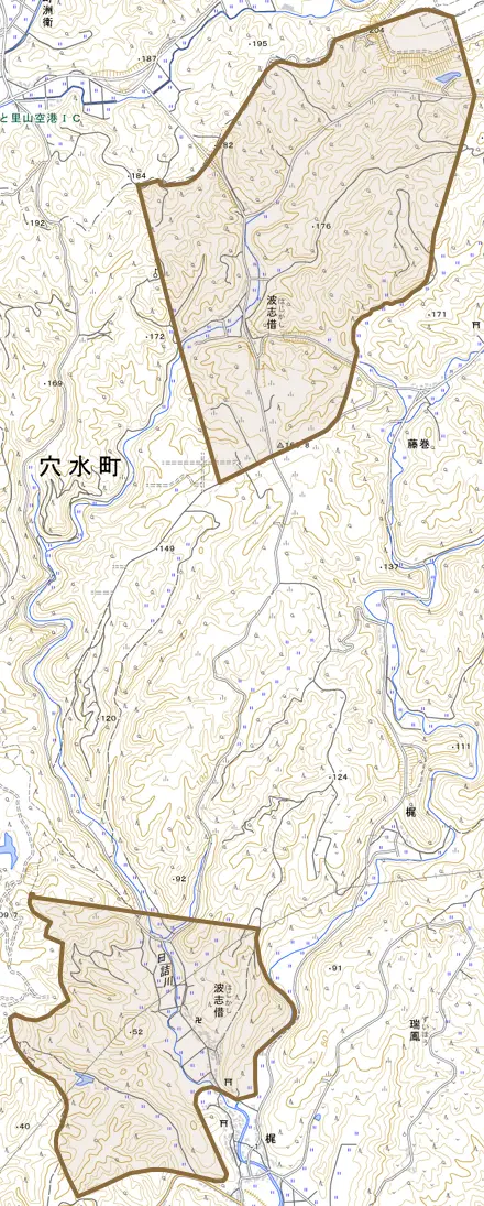 字波志借とその周辺の地図。町の範囲を重ねている