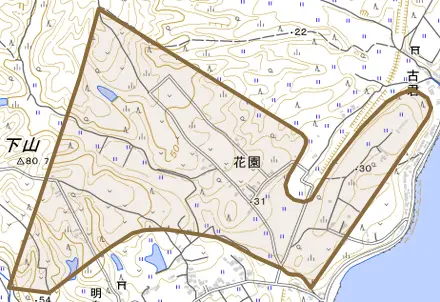 字花園とその周辺の地図。町の範囲を重ねている