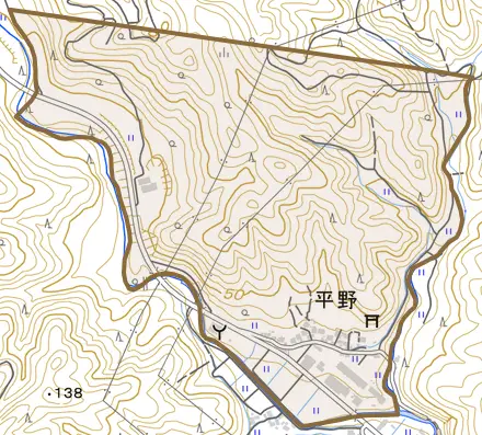 字平野とその周辺の地図。町の範囲を重ねている