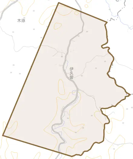 字伊久留とその周辺の地図。町の範囲を重ねている