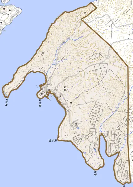 字岩車とその周辺の地図。町の範囲を重ねている