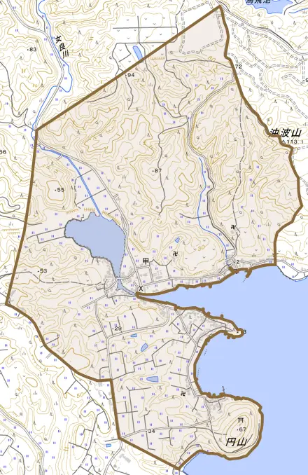 字甲とその周辺の地図。町の範囲を重ねている