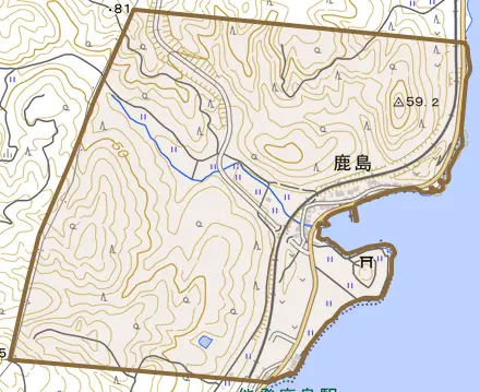 字鹿島とその周辺の地図。町の範囲を重ねている