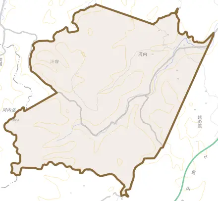 字河内とその周辺の地図。町の範囲を重ねている