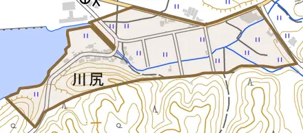 字川尻とその周辺の地図。町の範囲を重ねている