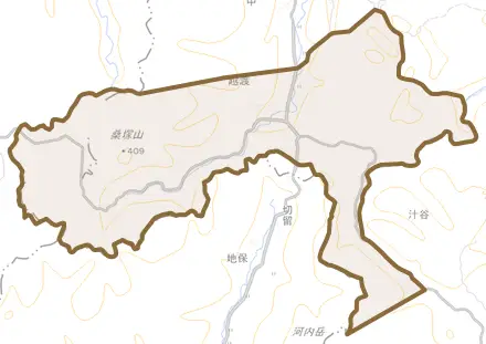字越渡とその周辺の地図。町の範囲を重ねている