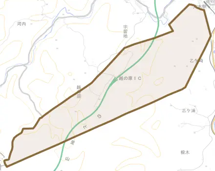 字越の原とその周辺の地図。町の範囲を重ねている