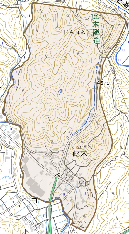 字此木とその周辺の地図。町の範囲を重ねている
