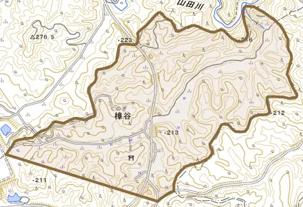 字樟谷とその周辺の地図。町の範囲を重ねている