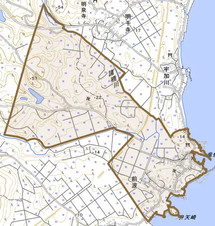 字前波とその周辺の地図。町の範囲を重ねている