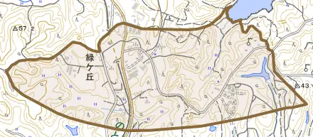 字緑ケ丘とその周辺の地図。町の範囲を重ねている
