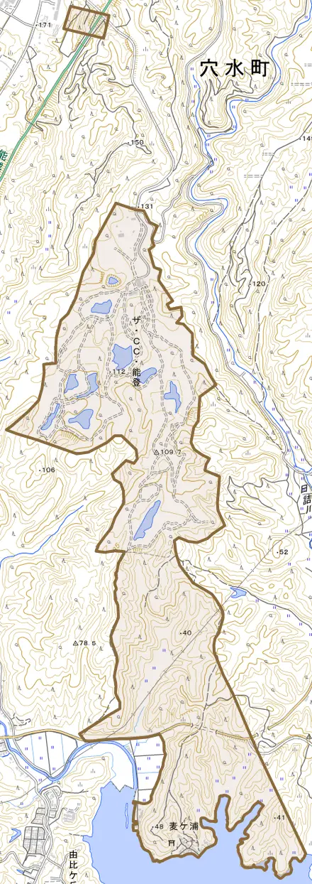 字麦ケ浦とその周辺の地図。町の範囲を重ねている