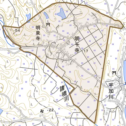 字明千寺とその周辺の地図。町の範囲を重ねている