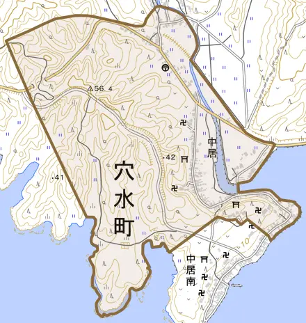 字中居とその周辺の地図。町の範囲を重ねている