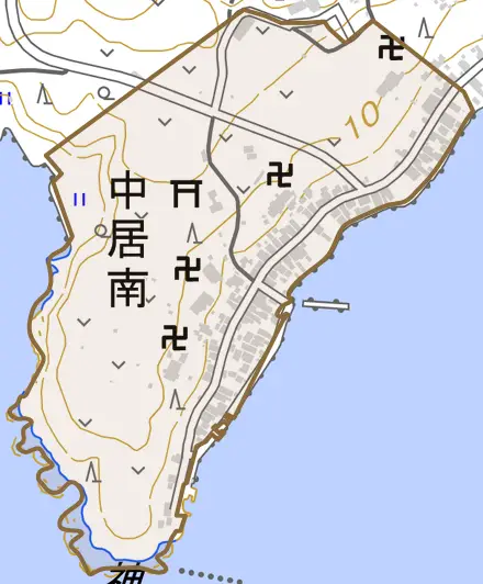 字中居南とその周辺の地図。町の範囲を重ねている
