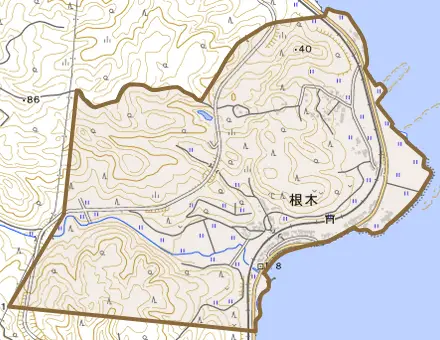 字根木とその周辺の地図。町の範囲を重ねている