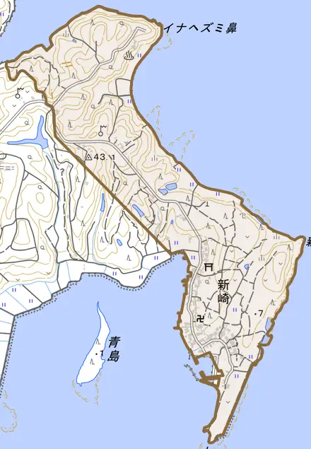 字新崎とその周辺の地図。町の範囲を重ねている