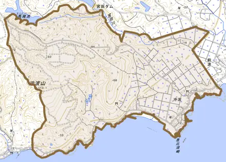 字沖波とその周辺の地図。町の範囲を重ねている