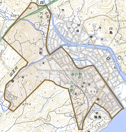 字大町とその周辺の地図。町の範囲を重ねている