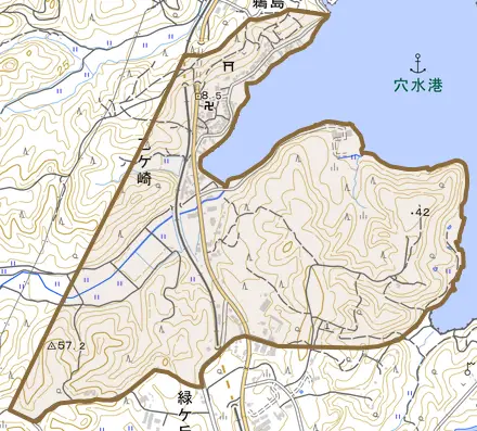 字乙ケ崎とその周辺の地図。町の範囲を重ねている