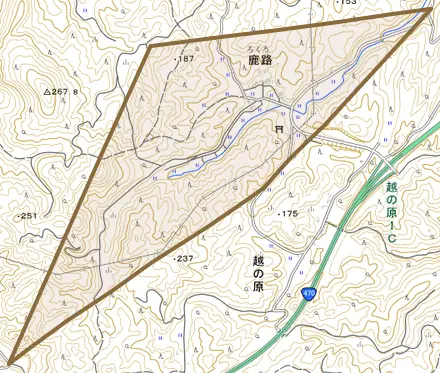 字鹿路とその周辺の地図。町の範囲を重ねている