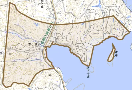 字志ケ浦とその周辺の地図。町の範囲を重ねている
