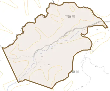字下唐川とその周辺の地図。町の範囲を重ねている
