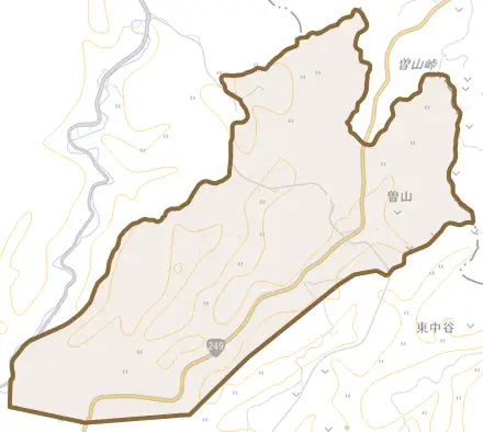 字曽山とその周辺の地図。町の範囲を重ねている